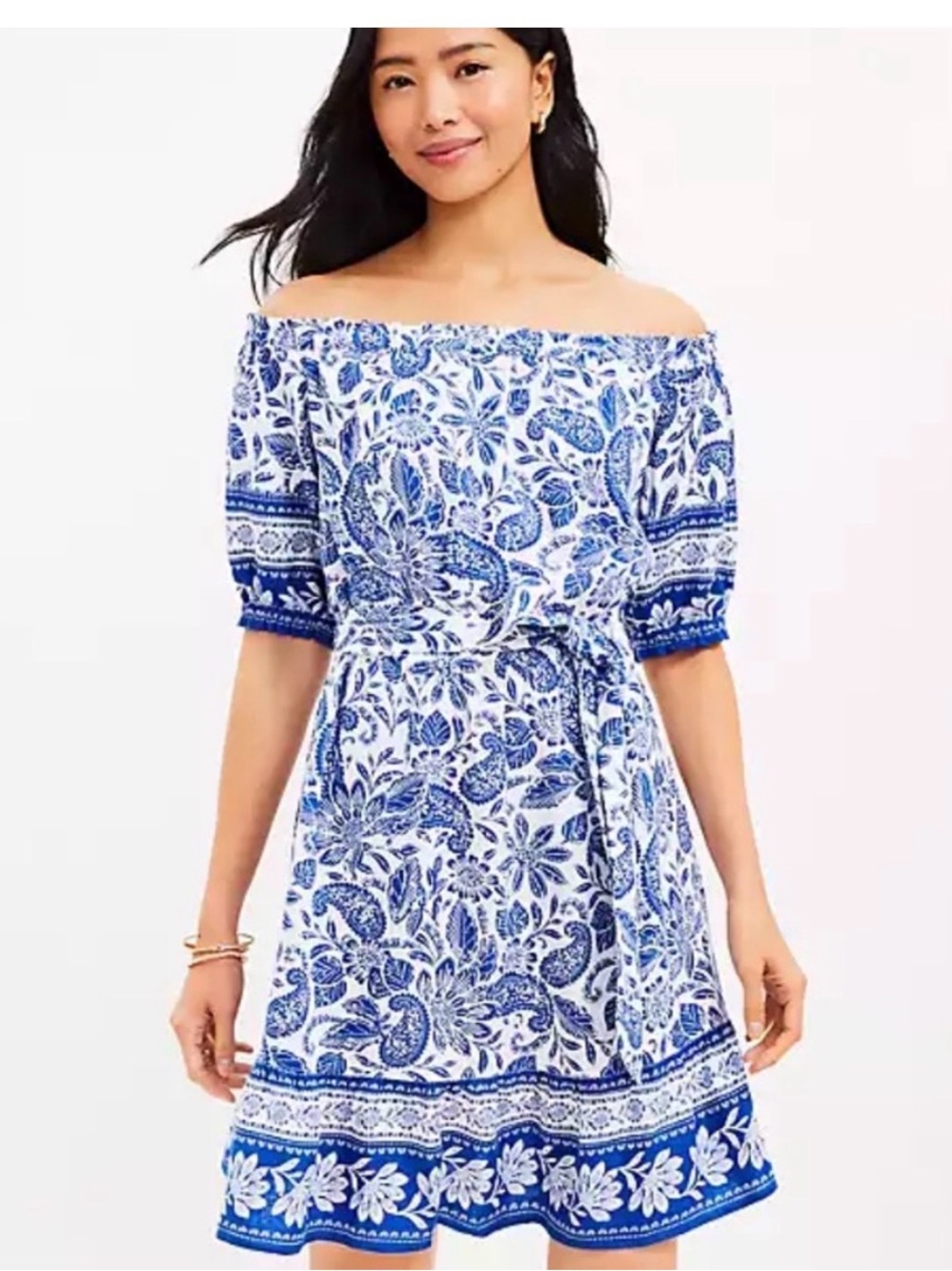 Loft Blue White Floral Paisley
Printed Linen Blend Off
Shoulder Dress Small